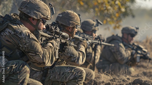 Uniformed soldiers in combat training aiming rifles outdoors