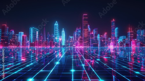 Neon computing skyline on digital horizon