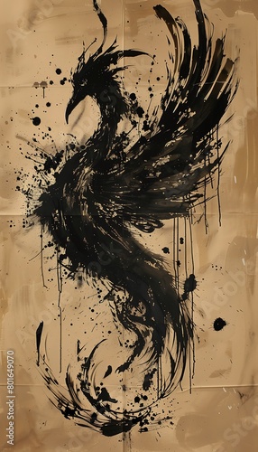 bird black paint piece paper rustic enormous secure fiery golden wings flame modern calligraphy unbroken