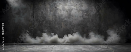 Empty dark abstract cement wall and studio room with smoke float up interior texture for display products wall background.