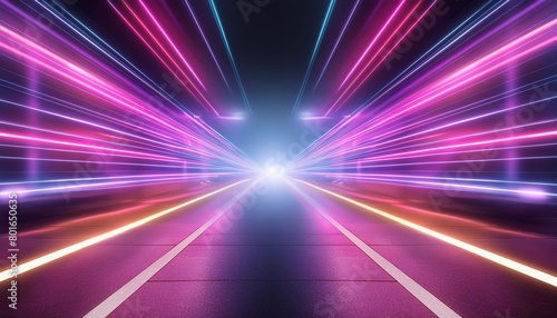3d abstract technology glowing neon fast speed light background empty space scene reflection floor virtual reality cyber space futuristic sci fi background motion line high speed for mock up