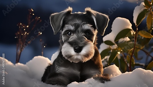 photorealistic illustration of a schnauzer puppy in the snow