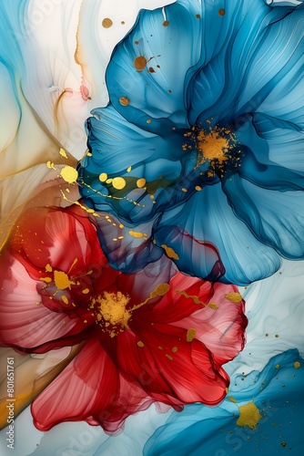 two flowers painted piece paper unstirred paint brilliantly colored avatar gold collin