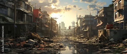 A post-apocalyptic city street with a large sinkhole in the middle. The buildings are in ruins and the streets are littered with debris. The sky is dark and cloudy.