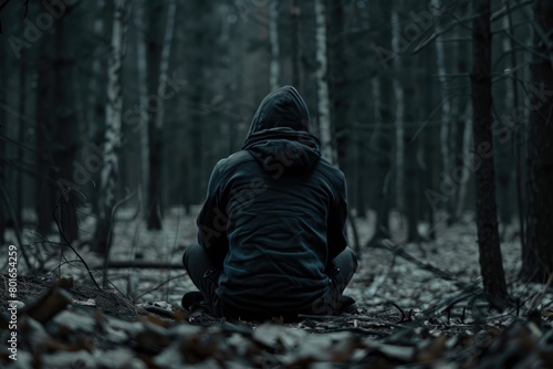 Lonely man sits in the dark autumn forest in the middle of nowhere. Stalker, rear view. Depression and solitude