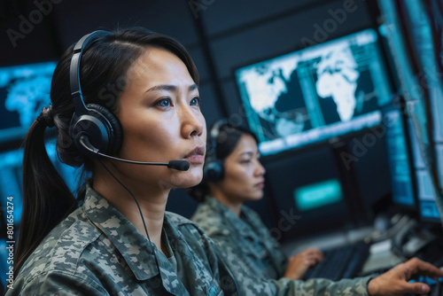 Two serious Asian females military surveillance officer in headset working in the central army office for cyber operations, army call center