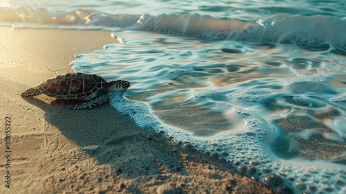 A serene scene of a turtle resting on a sandy beach, with the waves gently lapping at the shore, conveying a sense of peace and harmony in the natural world on World Turtle Day.