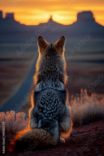 kitty cat kitten sitting ground looking sunset wolf desert wasteland left profile intensely focused standing bravely road canine checkerboard horizon back viewer long ears mystic sun