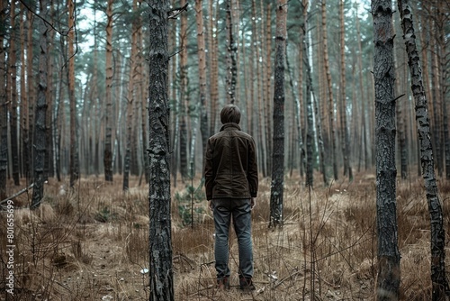 Lonely lost man standing in the forest in the middle of nowhere, rear view. Stalker concept