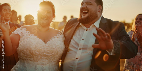An pretty fat bride and groom stand in wedding dresses with a stupid face and look at the viewer. surrounded by guests clapping hands and laughing. Summer sunset light.
