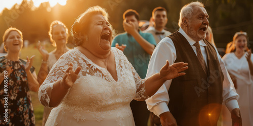 An pretty fat bride and groom stand in wedding dresses with a stupid face and look at the viewer. surrounded by guests clapping hands and laughing. Summer sunset light.