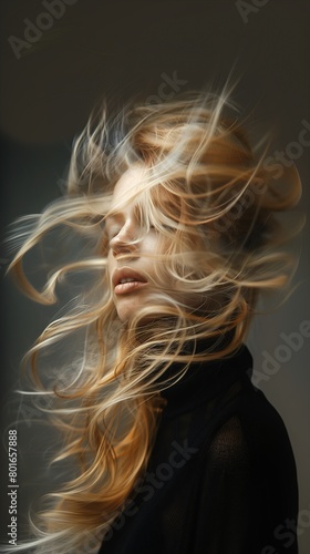 woman long blonde hair blowing wind dissolving air business products supplies ash lobotomy swirly
