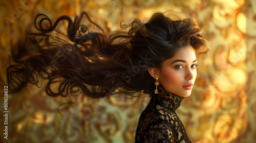 woman long hair black dress gold earrings milady winter windy floating trimmings portrait talented business products supplies swirling caramel looks