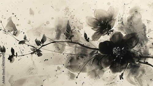 Close-up view of abstract ink and wash florals, blending spontaneous ink strokes with delicate floral forms. 