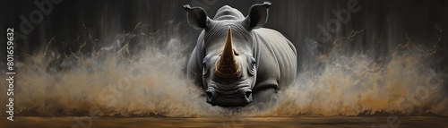 A poignant scene of a vulnerable Rhino under the threat of poaching, depicted in a detailed oil painting with a low-angle view to evoke a sense of urgency and empathy