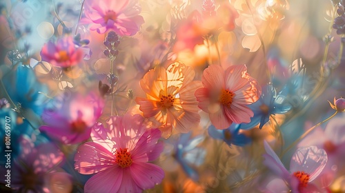 Close-up abstract of a lush flower field, blending the vivid hues and soft textures of various blooms. 
