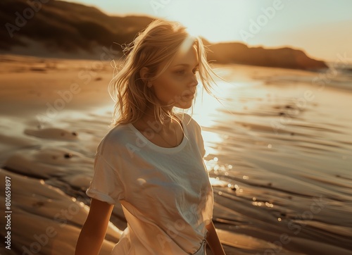 blond woman walking beach sunset sun shining casual white garment portrait girl wearing light shirt diaphanous