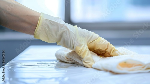 Hand glove wiping a white table