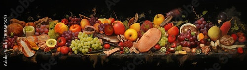 A dark still life painting of a table filled with an overflowing amount of food