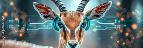 A gazelle with augmented reality eyes, visualizing data overlays of the savannah, showcasing a closeup strange style hitech ultrafashionable concept