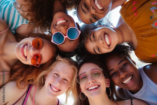 group of young people looking down at camera smiling together during summer time