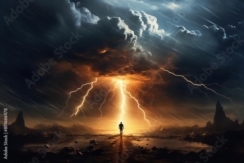 A lone figure stands in the middle of a field, as a storm rages around them. The lightning strikes the ground all around them, but they remain unharmed.