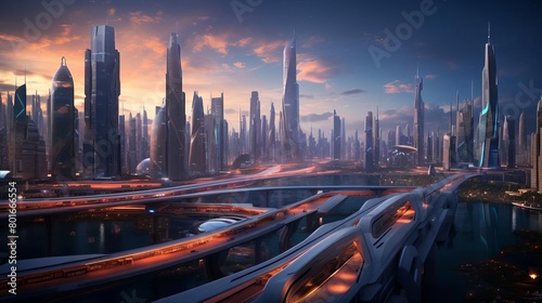 A beautiful painting of a futuristic city with a purple sky and a blue river. The city is full of tall buildings and skyscrapers, and there are cars flying in the air.
