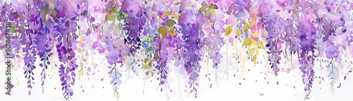 A watercolor painting of purple wisteria flowers.