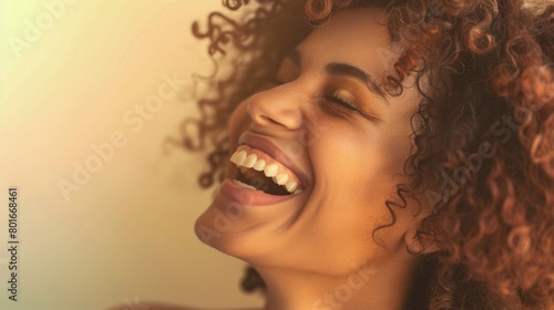 A close-up of a joyous woman, her infectious smile framed by her sunlit, curly hair against a soft-focused background.