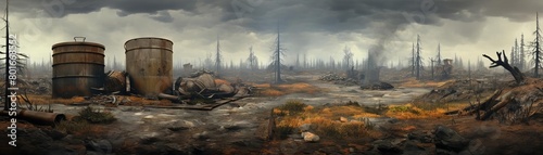 A post-apocalyptic landscape with a dead tree in the foreground and a destroyed city in the background. The sky is dark and cloudy, and the ground is covered in rubble.