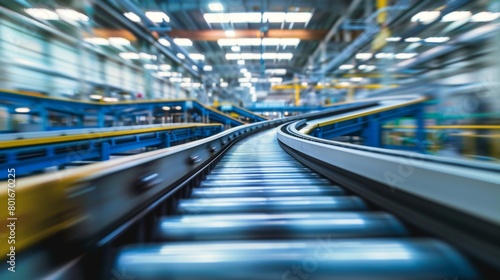 An intense blurred view of a conveyor belt in action within an industrial environment, illustrating the concept of fast-paced production and operational efficiency.