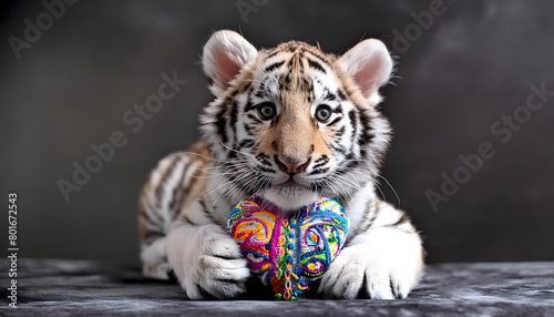 Playful tiger cub holding a colorful heart, symbolizing love and playfulness 