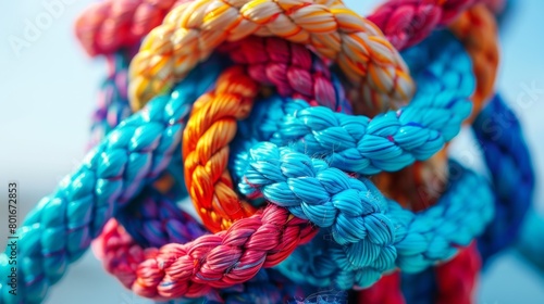 This image captures the beauty and complexity of knotted ropes in vibrant colors, creating a dynamic and artistic display of marine rope technology.