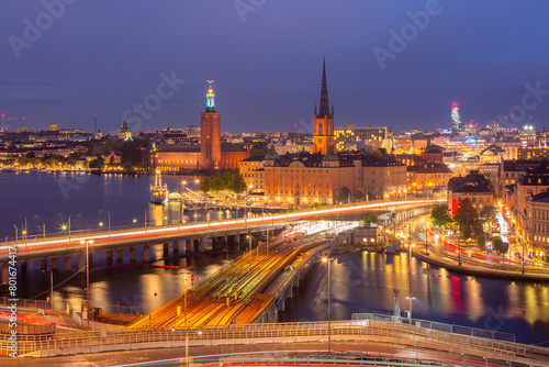 Aerial night view of Riddarholmen, Gamla Stan, in Old Town of Stockholm, capital of Sweden
