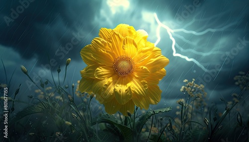 Electric Storm Illuminates Vibrant Yellow Flower 🌩️🌼 Dynamic 3D Lighting