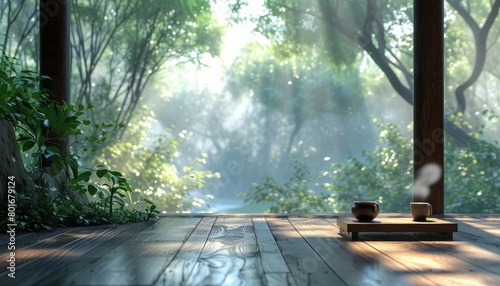 🌅 Morning at the Pavilion in the Forest 🍃 Serene Setting with Steaming Tea and Nature 🌿 Perfect for Relaxation and Tranquil Mornings 🍵 Ideal for Stock Photos and Lifestyle Content 🏞️ Peaceful