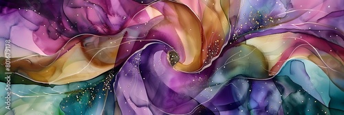 Mesmerizing watercolor swirls entwined with glittering amethyst, jade, and topaz accents in a harmonious union.
