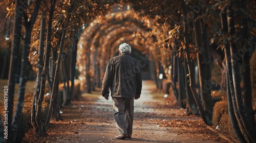 An elderly man walking down a path lined with trees, the path ahead becoming increasingly blurred and fragmented, mirroring the uncertainty and confusion experienced with dementia.