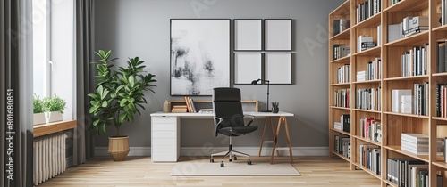 Photorealistic Home Office with White Desk and Black Ergonomic Chair 🖥️ Natural Wood Bookshelves and Minimalist Wall Art - Ideal for Stock Photos of Contemporary Workspaces with a Modern Ambiance