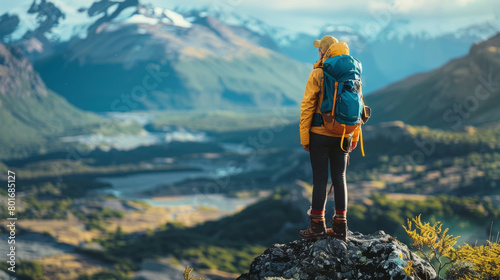 A backpacker standing on top of the mountain, overlooking vast landscapes with rivers and lakes in front, wearing hiking , a bright yellow jacket and blue pants, carrying outdoor equipment with a dete