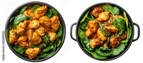 Chicken tikka masala with spinach in a black bowl isolated on a transparent background 