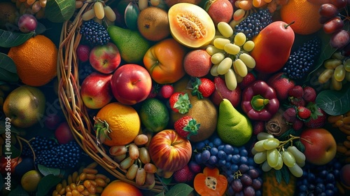 Capture a mesmerizing worms-eye view of a vibrant fruit gift basket, showcasing luscious, ripe fruits in vivid colors and intricate details Incorporate a blend of digital techniques to create a photor