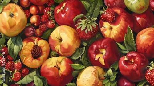 Capture the lush abundance of a summer orchard from a birds-eye view, showcasing ripe peaches, plump strawberries, and golden apples in vibrant watercolors