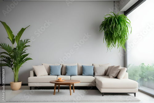 interior design for living area in modern style with plant and sofa with pillow free space for concept