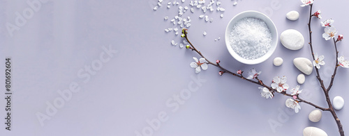Photo of spa and wellness, flat lay with copy space on light purple background