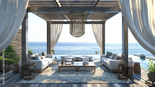 pavilion sea view render with furniture relax place front view