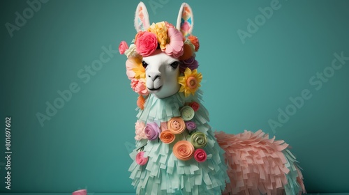 A charmingly updated llama pinata embellished with floral motifs and soft pastel hues set against a solid green background ideal for garden parties or spring events