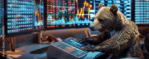 A bear sitting at a traders desk, hitting a button that causes the stock market numbers to drop rapidly on screens