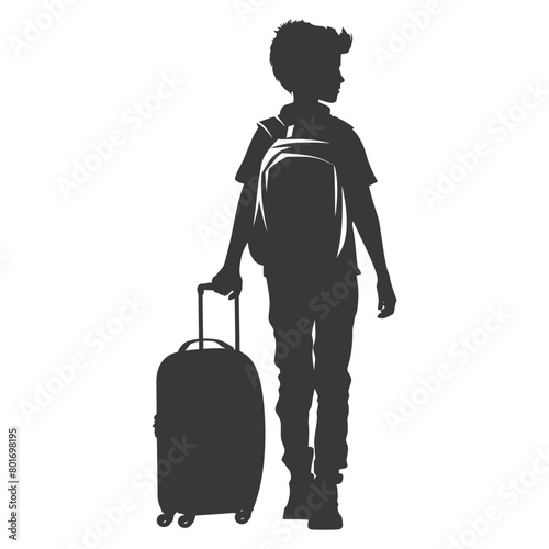 silhouette boy traveling with suitcase silhouette full body black color only