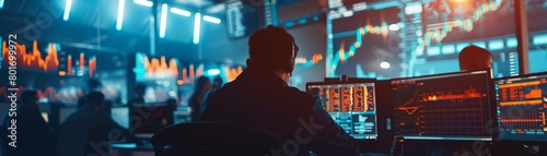 Cryptocurrency trading center with young traders intensely monitoring fluctuations on large digital displays, high energy and focus
